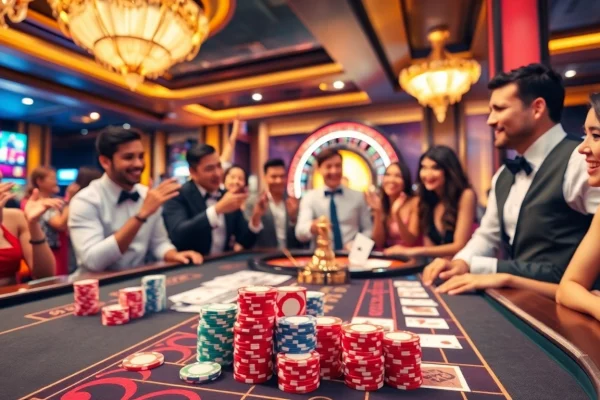 Experience the excitement at 9BET with a vibrant casino scene featuring thrilling gaming activities.