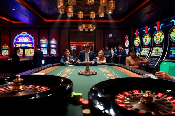 Gamblers enjoying a luxurious casino experience at https://ta88.help/ with thrilling slot machines and poker tables.