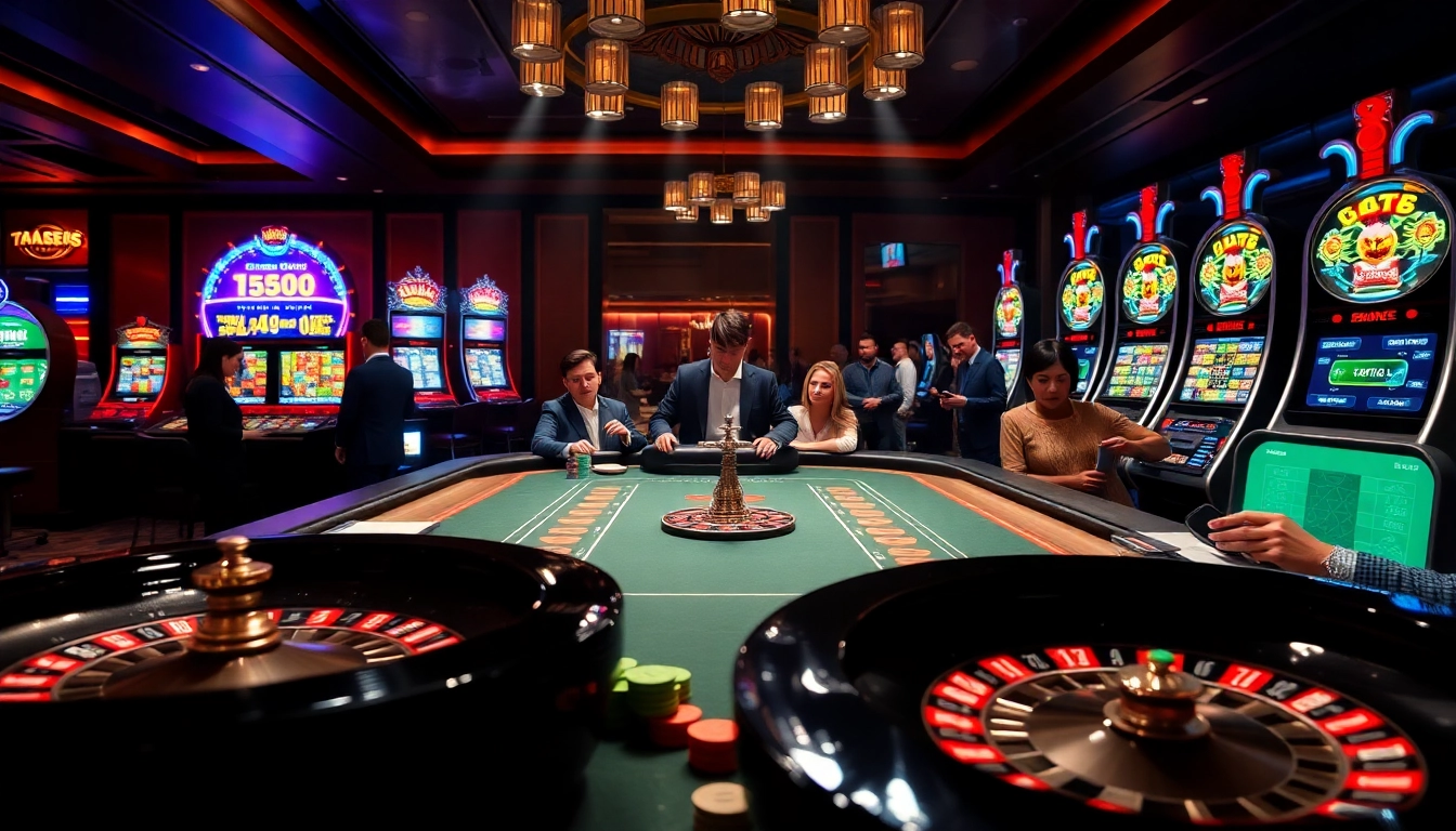 Gamblers enjoying a luxurious casino experience at https://ta88.help/ with thrilling slot machines and poker tables.