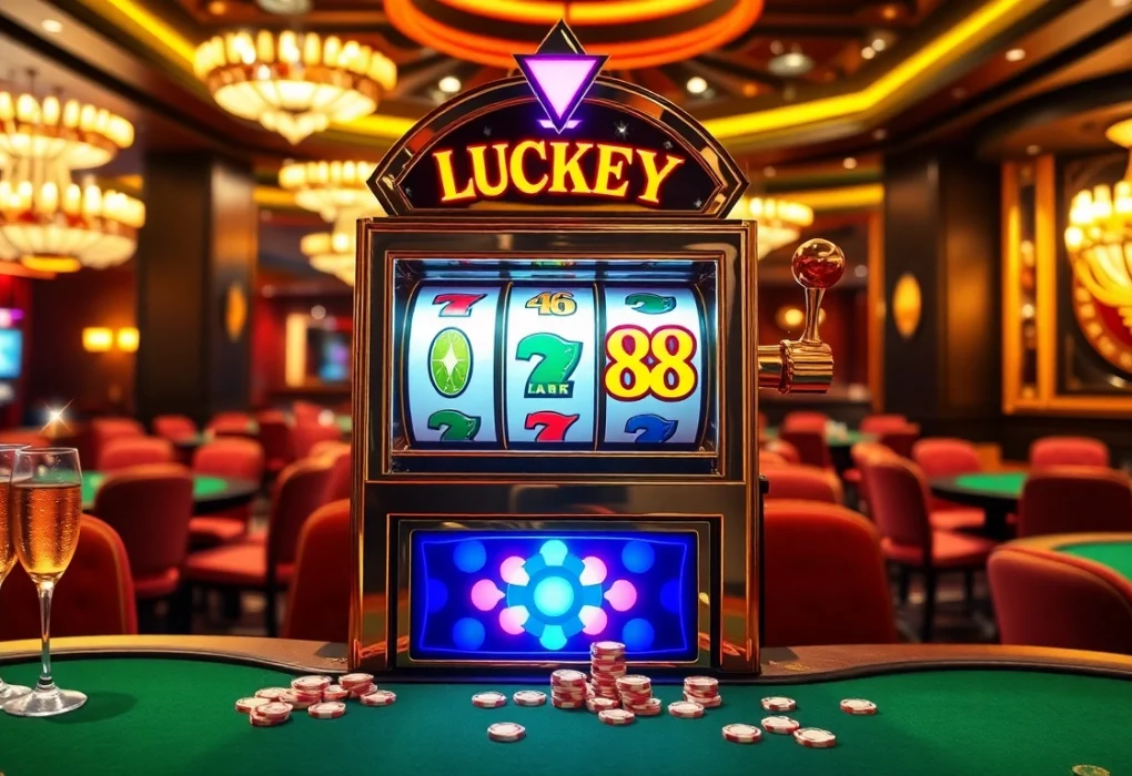 Engaging scene of the LUCKY88 slot machine in a luxurious casino environment with vibrant decor and gambling elements.