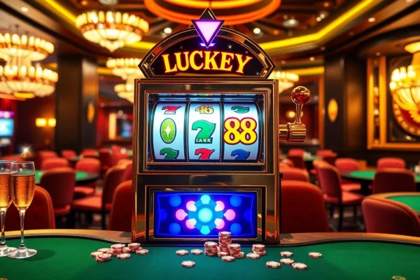 Engaging scene of the LUCKY88 slot machine in a luxurious casino environment with vibrant decor and gambling elements.