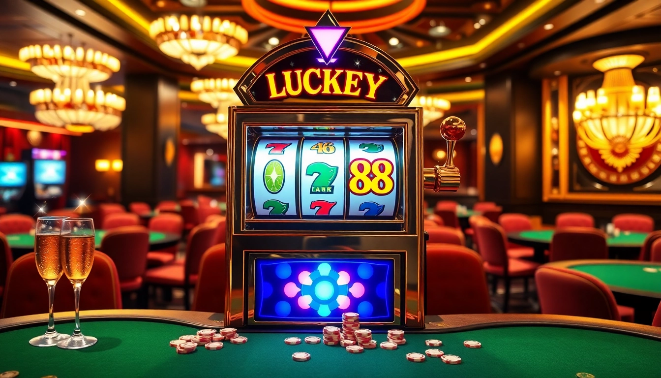 Engaging scene of the LUCKY88 slot machine in a luxurious casino environment with vibrant decor and gambling elements.
