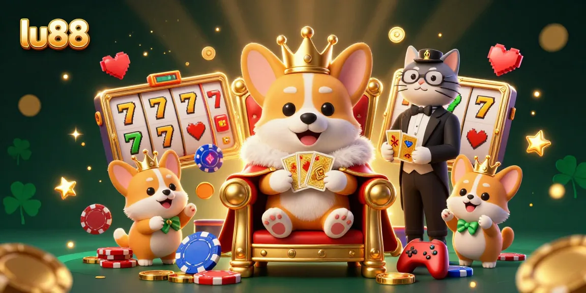 Win big with lu88 in this vibrant slot game scene featuring a royal corgi and its companions.