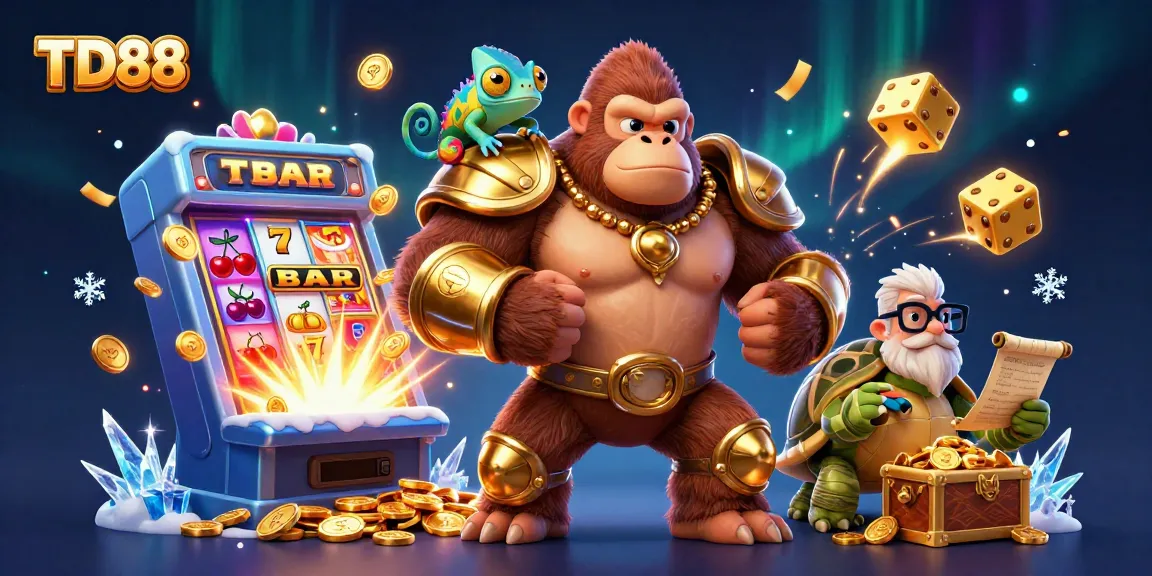 Experience thrilling wins at TD88's vibrant casino illustrated with a gorilla king and chameleon companion.
