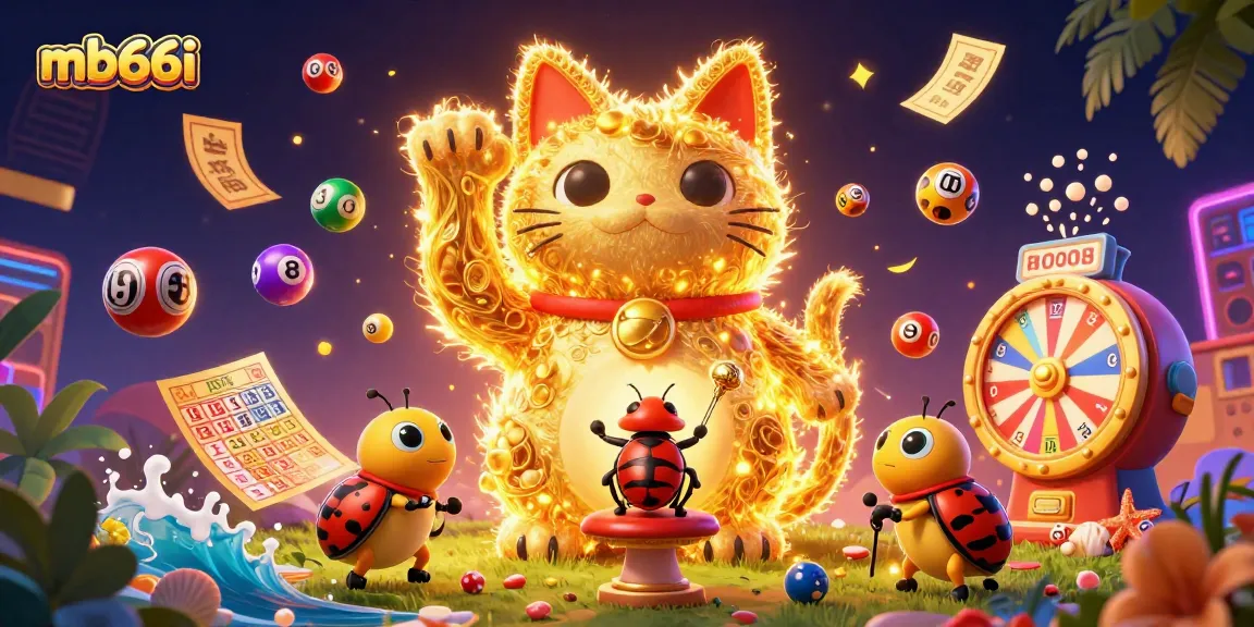 mb66i brings luck with a giant lucky cat and vibrant casino symbols in a 3D illustration.