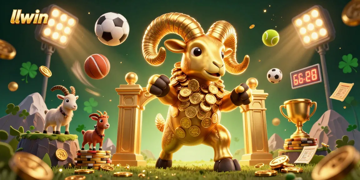 Win big at llwin, featuring a massive golden ram charging through a golden gate with dynamic sports elements.