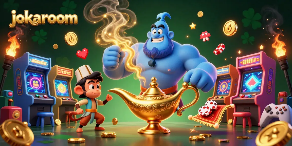 Win big at jokaroom casinos with this vibrant, dynamic illustration of a genie and magic carpet.