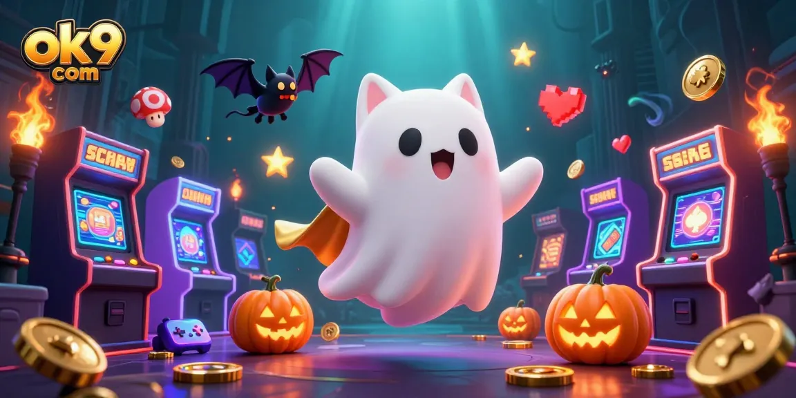 Explore the exciting world of ok9 com, featuring a ghost cat and vibrant casino elements.