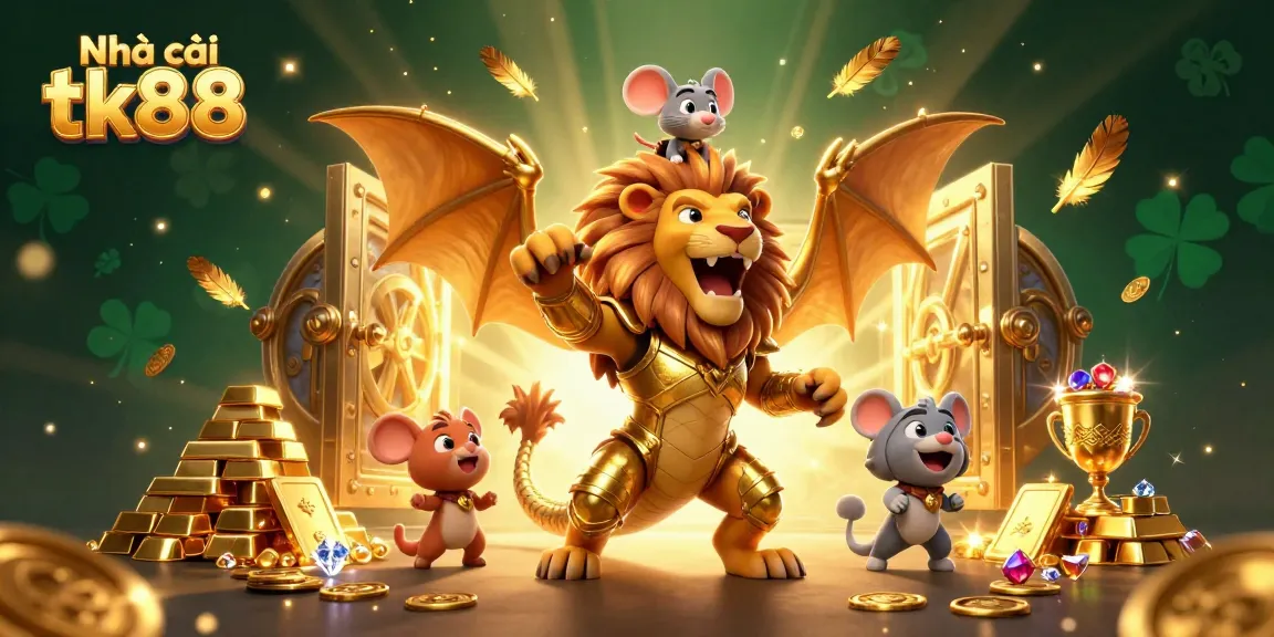 Experience the excitement of Nhà cái tk88 with a triumphant chimera and treasure galore in this vibrant casino scene.