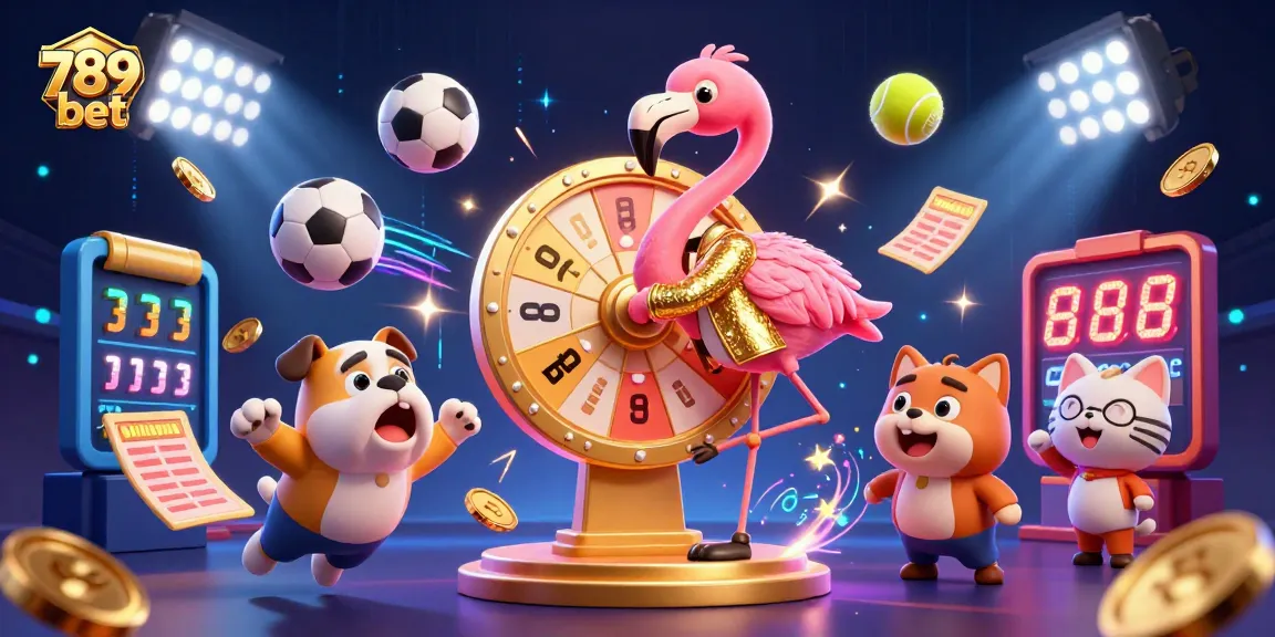 Experience dynamic action with 789 bet as the flamingo host spins the prize wheel in this exciting illustration.